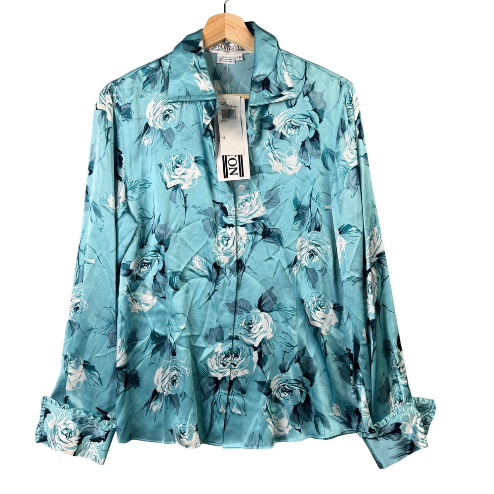 Starington Womens Teal Blue 100% Silk Floral Rose Ruffle Cuff Blouse Size 10 NWT